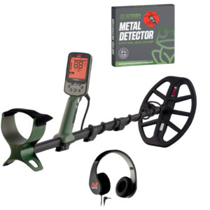 Minelab X-Terra elite metal detector with the green frog metal detecting control box cover